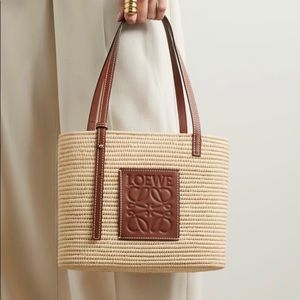Loewe Small Square Leather-Trimmed Raffia Basket Bag